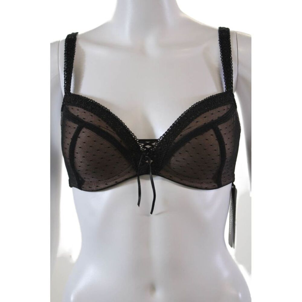 Masquerade Womens Polka Dot Mesh Padded Coverage Coquette Bra Black Size 32D